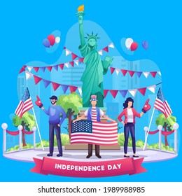 Happy 4th of July USA Independence Day.People celebrating and holding USA American national flag near Liberty Statue. America Independence Day Celebration.Flat Vector illustration banner flyer poster.