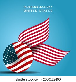 Happy 4th of July USA Independence Day greeting card with waving American national flag and lettering text design. Vector illustration.