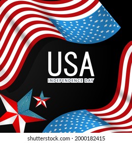 Happy 4th of July USA Independence Day greeting card with waving American national flag and lettering text design. Vector illustration.