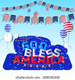 Happy 4th of July USA Independence Day greeting card with waving American national flag and lettering text design. Vector illustration.