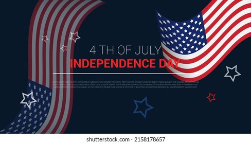 Happy 4th of July USA Independence Day greeting card background design with waving american national flag and text. Vector illustration.
