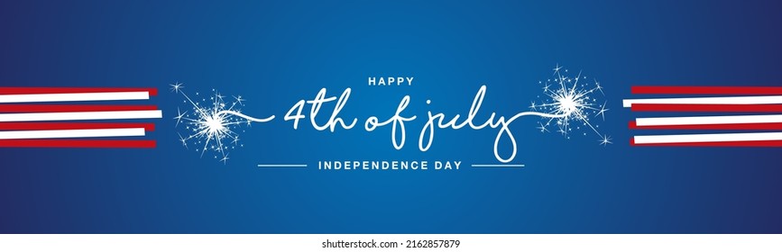 Happy 4th of july USA Independence day handwritten typography sparkle firework red white ribbon blue banner