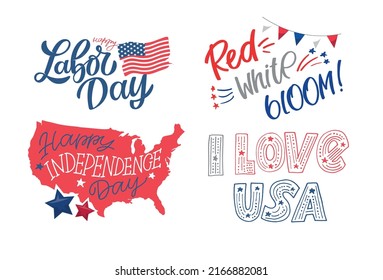 Happy 4th of July USA Independence Day greeting card with waving american national flag and hand lettering text design. Fourth of July typographic design. Usable as greeting card, banner, background.