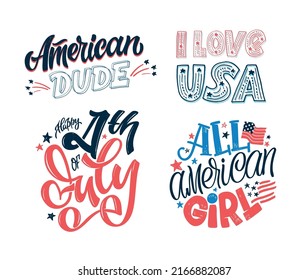 Happy 4th of July USA Independence Day greeting card with waving american national flag and hand lettering text design. Fourth of July typographic design. Usable as greeting card, banner, background.