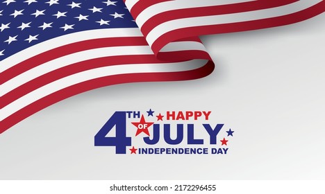 Happy 4th of July USA Independence day celebration with waving american national flag on white background. Vector illustration.