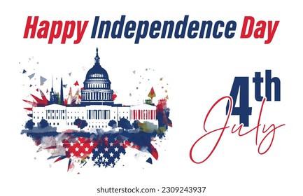 Happy 4th of July USA Independence Day greeting card with American national flag, washington dc building blue and Red color Vector illustration. svg