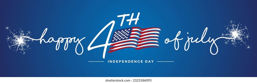 Feliz 4 de julio Día de la Independencia de Estados Unidos fuegos artificiales tipografía manuscrita Estados Unidos bandera ondulada abstracta fondo azul