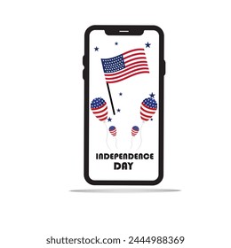 Happy 4th of July USA Independence Day greeting design display on mobile screen concept isolated on white EPS editable file. 4th of July, American national flag holiday banner. Vector illustration,