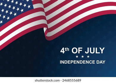 Happy 4th of July USA Independence Day greeting card with waving american national flag and hand lettering text design. 