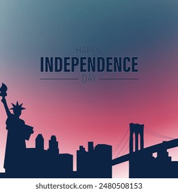 Happy 4th of July USA Independence Day greeting card. Statue of liberty and city skyline, text design and gradient background. Vector illustration.