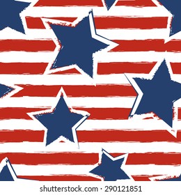 Happy 4th Of July, USA Independence Day Background. Vector Seamless Flag Pattern, Watercolor Blue Star And Red Stripes. Abstract Design Concept For Greeting Card, Banner, Flyer, Poster.