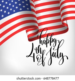 happy 4th of july USA independence day banner with american flag and hand lettering, greeting card design, vector illustration