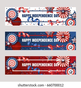 Happy 4th of July, USA Independence Day. Vector banners with paper stars in USA flag colors. Holiday backgrounds set with place for text. Design for greeting card, banner layout, flyer, poster.