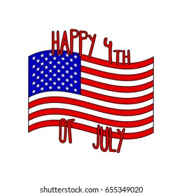Happy 4th of July with USA national flag in cartoon style. Decoration for USA Independence Day. Isolated on white background. Vector illustration.