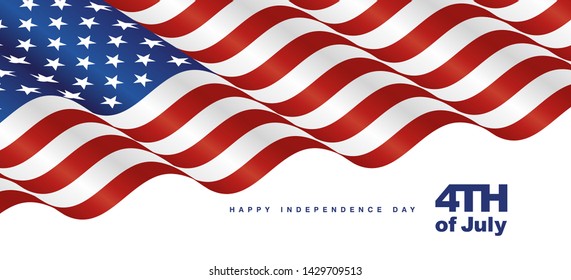 Happy 4th July USA waving flag blue red white background banner