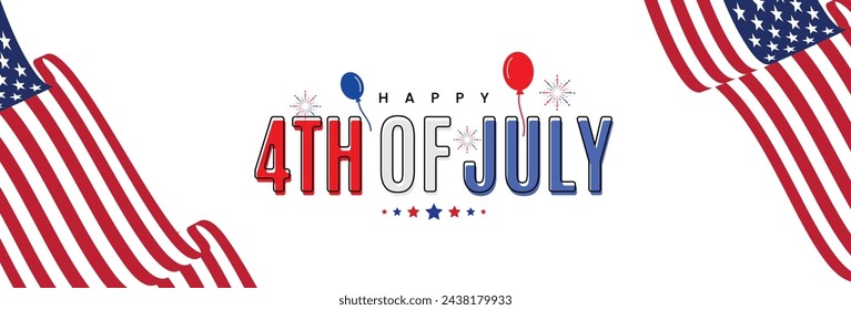 Happy 4th July USA waving flag blue red white celebration background banner. Vector illustration.