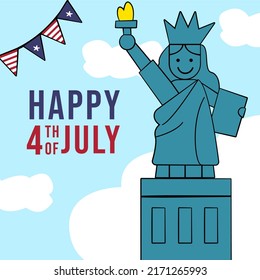 Happy 4th of July vector design with cute liberty statue suitable for social media, greeting cards, poster and banner