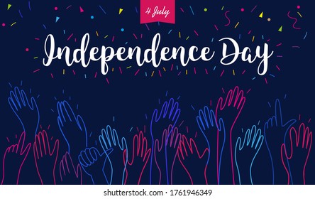 Feliz 4 de julio de la plantilla de la tarjeta de saludo vectorial. El doodle dibujado a mano, muchas manos ondean y aplauden. Ilustración del Feriado Nacional Patriótico Estadounidense Horizontal.