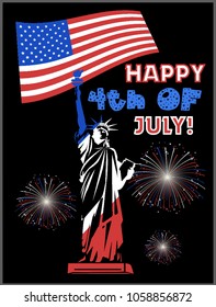 Happy 4th of July Vector illustration With American flags, statue of liberty and fire works