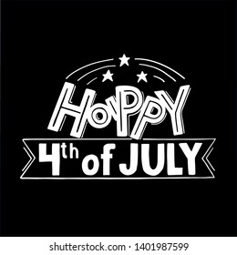 Happy 4th of July. Vector illustration. Hand drawn text lettering for Independence Day in USA. Script. Vintage USA greeting card. Hand lettering holiday black and white design for greeting, card.EPS10