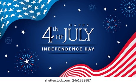 Happy 4th of July vector illustration. Fireworks celebrations with American flag waving on starry background.	