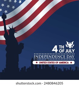 Happy 4th of July vector illustration with usa flag, liberty statue, new york silhouette, 50 stars and eagle emblem. 4th July American Independence Day banner, poster, greeting card. 