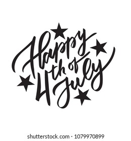 Happy 4th of July - vector typography, calligraphy, lettering, hand-writing. Composition in one color with stars. For  banner, label, tag, poster, wallpaper, flyer, invitation, cutout template.