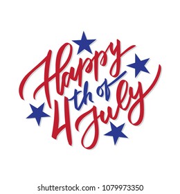 Happy 4th of July - vector typography, calligraphy, lettering, hand-writing. Composition in two color with stars. For  banner, label, tag, poster, wallpaper, flyer, invitation, cutout template.