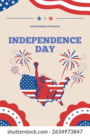 Happy 4th of July vintage background design. United States of America Independence Day Celebration. Banner, poster, greeting card. Wavy flag, map, fireworks Vector illustration.
