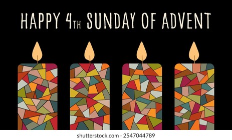 Happy 4th Sunday of Advent. Greeting card with four colorful candles on a black background.