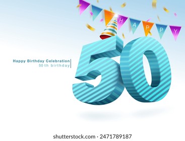 Happy 50 year birthday with party hat, bunting and ribbon. Anniversary celebration concept with 50th birthday numbers. 3D style. Vector file illustration.