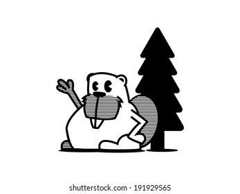 Happy 50's Beaver next to Tree.