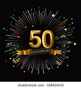 Happy 50th Anniversary. With Fireworks And Star On Dark Background.Greeting Card, Banner, Poster