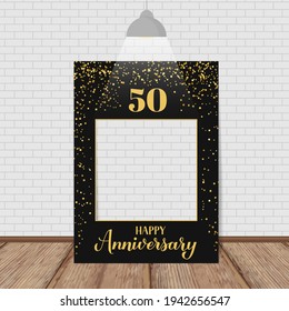 Happy 50th Anniversary photo booth frame. Photobooth props. Black and gold confetti birthday or wedding anniversary party decorations. Vector template. 