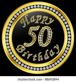 Happy 50th Birthday, Golden Icon With Diamonds, Vector Illustration