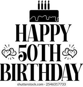 Happy 50th Birthday typography design on plain white transparent isolated background for card, shirt, hoodie, sweatshirt, apparel, tag, mug, icon, poster or badge