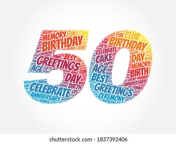 Happy 50th birthday word cloud, holiday concept background