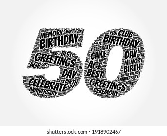 Happy 50th birthday word cloud, holiday concept background