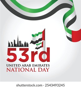 Happy 53rd UAE National Day Post. United Arab Emirates. UAE Flag. December 2. UAE map. UAE Skyline. Social media post. Post design, flyer, poster, vector illustration