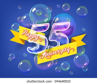Happy 55th anniversary. Glass bulb number with ribbon and party decoration on the colorful background