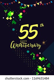 Happy 55th Anniversary lettering text banner, dark color with geometric background