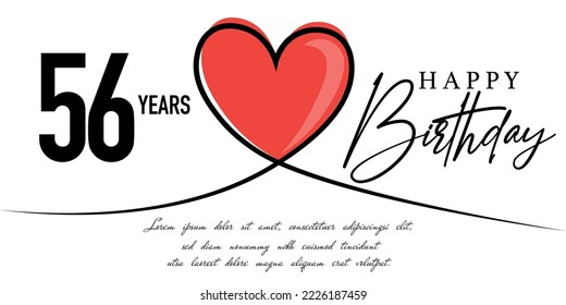 Happy 56th  birthday card vector template with lovely heart shape.
