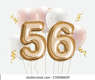 Happy 56th birthday gold foil balloon greeting background. 56 years anniversary logo template 56th celebrating with confetti. Vector stock