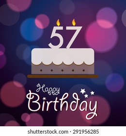 Happy 57th Birthday - Bokeh Vector Background with cake.
