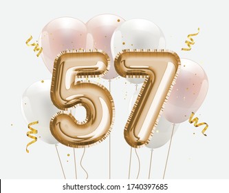 Happy 57th birthday gold foil balloon greeting background. 57 years anniversary logo template 57th celebrating with confetti. Vector stock