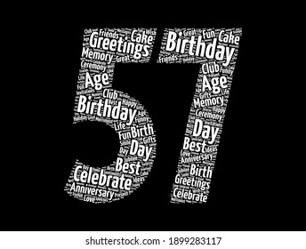 Happy 57th birthday word cloud. holiday concept background