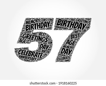 Happy 57th birthday word cloud. holiday concept background