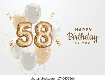 Happy 58th birthday gold foil balloon greeting background. 58 years anniversary logo template- 58th celebrating with confetti. Vector stock.