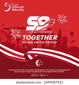 Happy 59th Singapore National Day 2024 Greeting Card with 59 Logo, 9 logo, Quotes and City Landscape . Singapura Merdeka 9 Agustus 2024 meaning Independence Day of Singapore 9th August 2024.