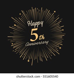 Happy 5th Anniversary. with fireworks and star on dark background.Greeting card, banner, poster